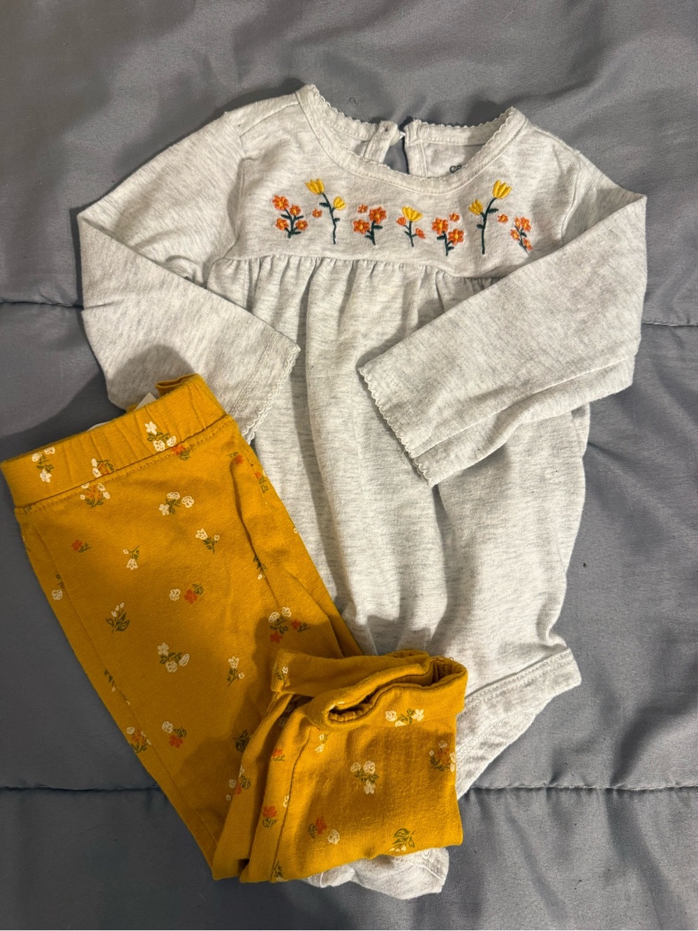 Carter's Gray Long-Sleeve Bodysuit with Mustard Floral Leggings